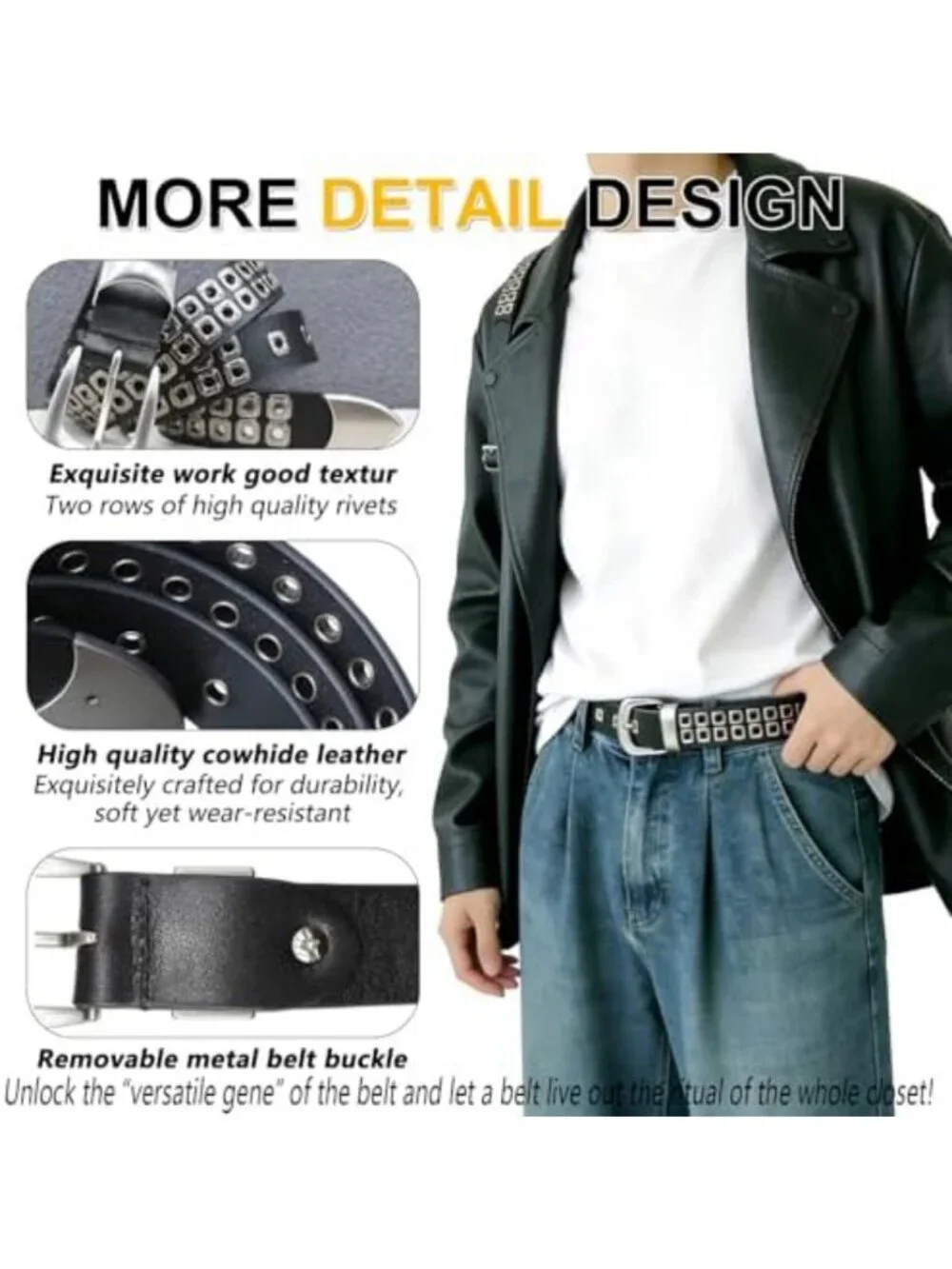 Black Studded Genuine Leather Belt for Men & Women - Y2K Goth Punk Style